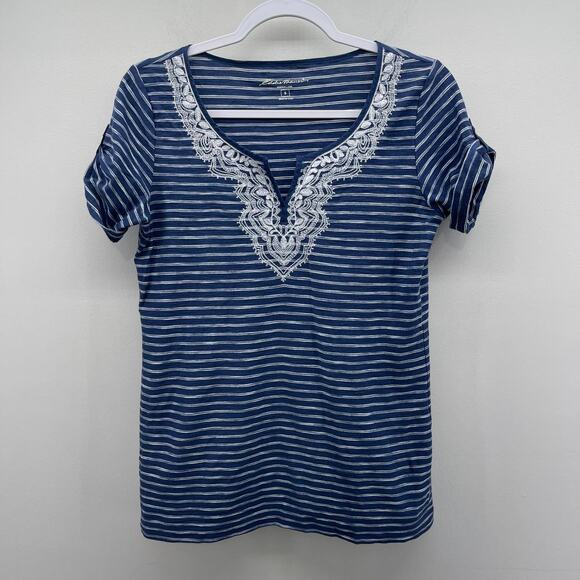 Eddie Bauer Navy‎ White Stripe Embroidered T Shirt - Picture 1 of 6